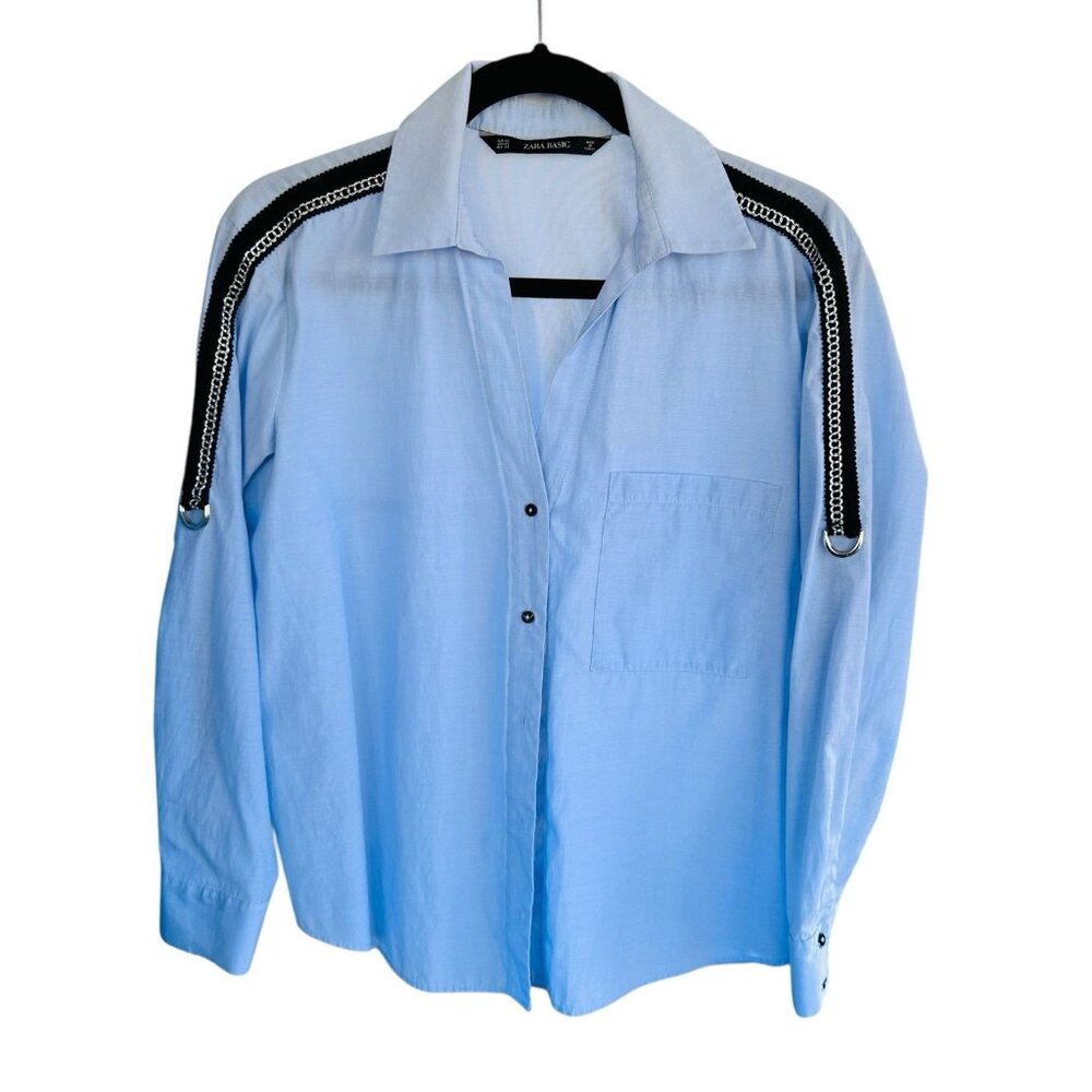 Zara Blouse Womens Small Blue Roll Tab Sleeve Button Up XS Extra Small